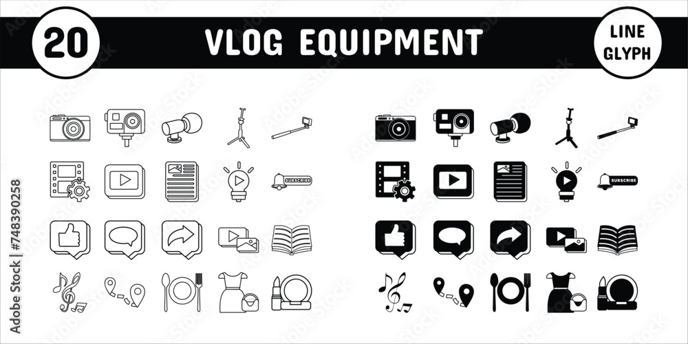 Vlog Equipment Line Glyph Vector Illustration Icon Sticker Set Design Materials Vlog Equipment Line Glyph Vector Illustration Icon Sticker Set Design Materials
