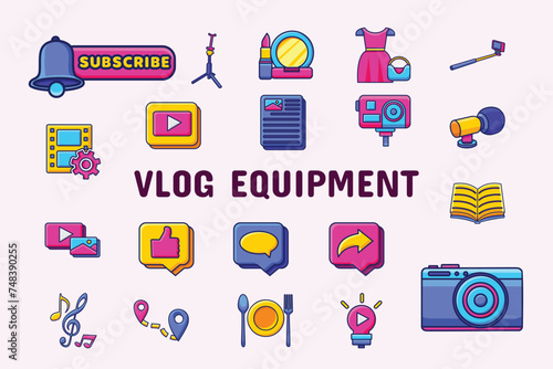 Vlog Equipment Lineal Color Vector Illustration Icon Sticker Set Design Materials