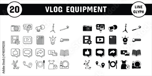 Vlog Equipment Line Glyph Vector Illustration Icon Sticker Set Design Materials