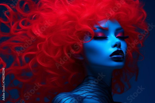 Striking Neon blue red woman. Party retro color pattern style. Generate AI
