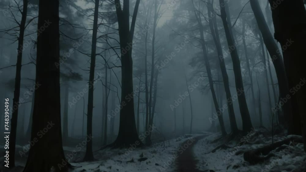 Fog-veiled Forest: Enchanting woods draped in mist, where nature's palette blends dark hues, sunlight pierces through, and trees stand silent in morning's embrace Fog-veiled Forest: Enchanting woods draped in mist, where nature's palette blends dark hues, sunlight pierces through, and trees stand silent in morning's embrace