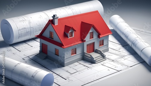 A detailed drawing of a regular house with a red roof on top of architectural blueprint plans 
