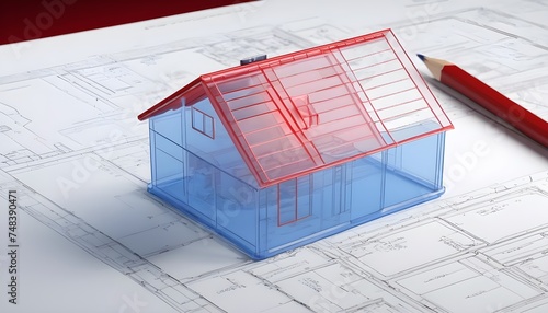 A blue transparent 3D model of a simple house with a red roof over architectural blueprint plans with a pen and pencil on the side