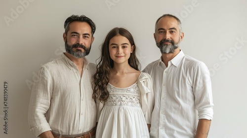 Portrait of happy lovely girl stand with her two fathers. LGBT family Father's Day concept.