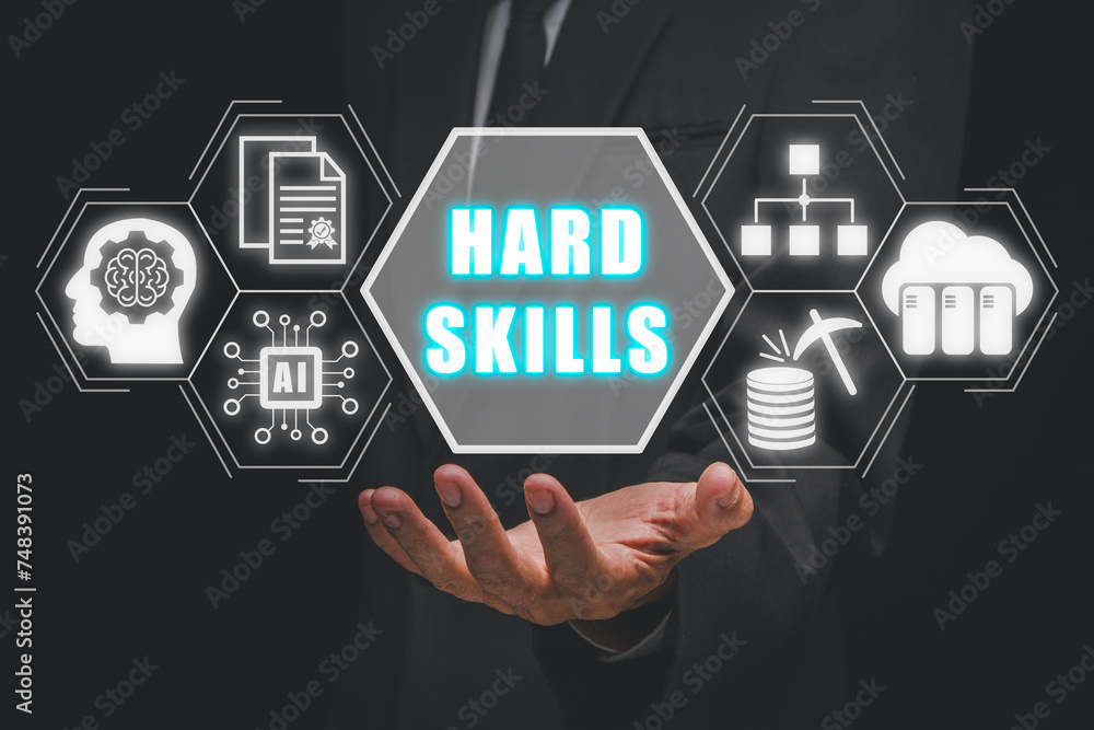 Hard skills concept, Businessman hand holding hard skills on virtual screen. Hard skills concept, Businessman hand holding hard skills on virtual screen.