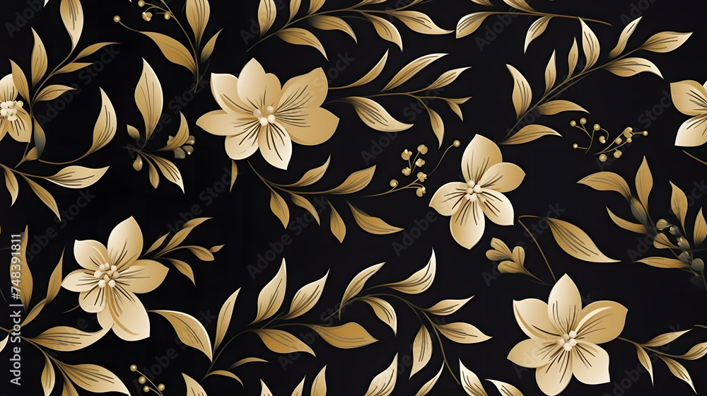 Black gold luxury flower modern abstract seamless background. Tile leaves for the wall.