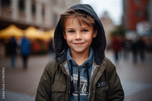 Outdoor portrait of cute little boy wearing hoodie and smiling at camera