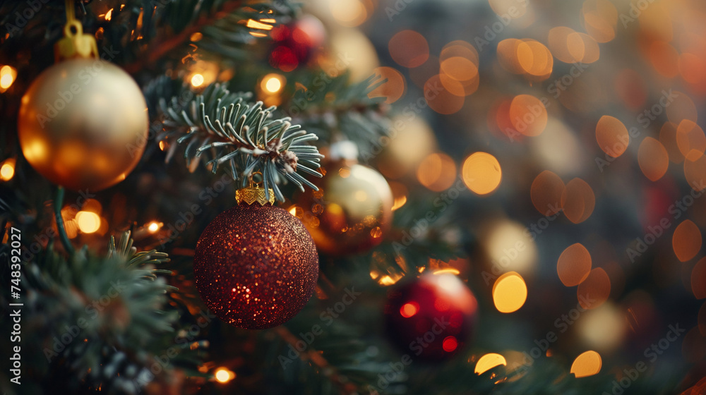 Decorated Christmas tree on blurred background. 