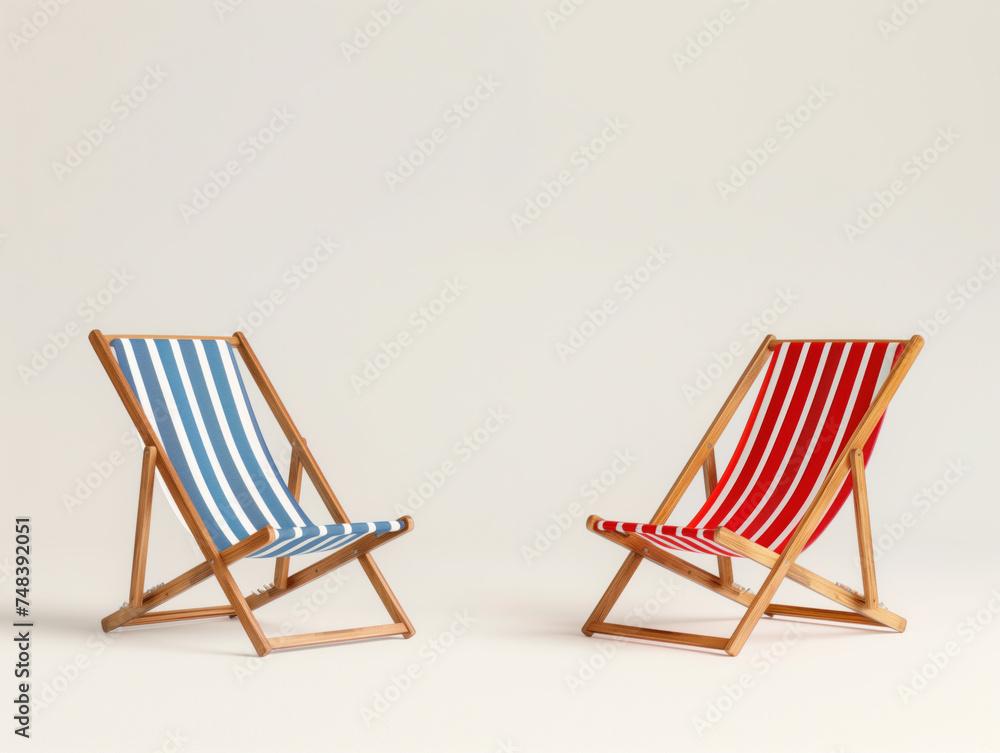 Two Striped Deck Chairs in Minimalist Style on Neutral Background Two Striped Deck Chairs in Minimalist Style on Neutral Background