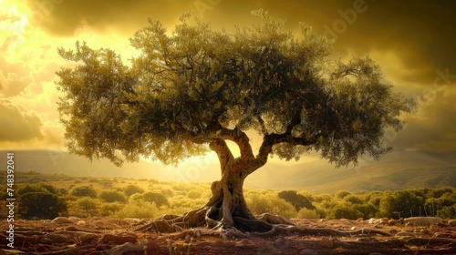 majestic large tree with a yellow sunset sky in high resolution and high quality. tree  meadow concept