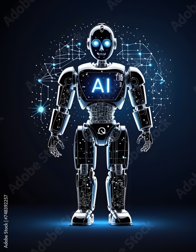 A humanoid robot enhanced with blue AI-themed graphics stands against a dark backdrop  symbolizing advanced technology. Its eyes glow with intelligence  inviting thoughts about the future of AI.