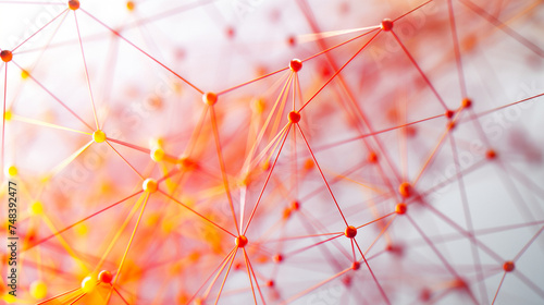 Linking entities. Networking  social media  SNS  internet communication abstract. Small network connected to a larger network. Web of red  orange and yellow wires on white background. Shallow DOF.