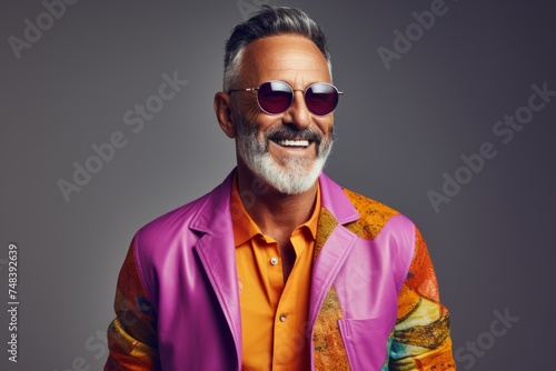Portrait of a happy senior man with sunglasses and colorful jacket.