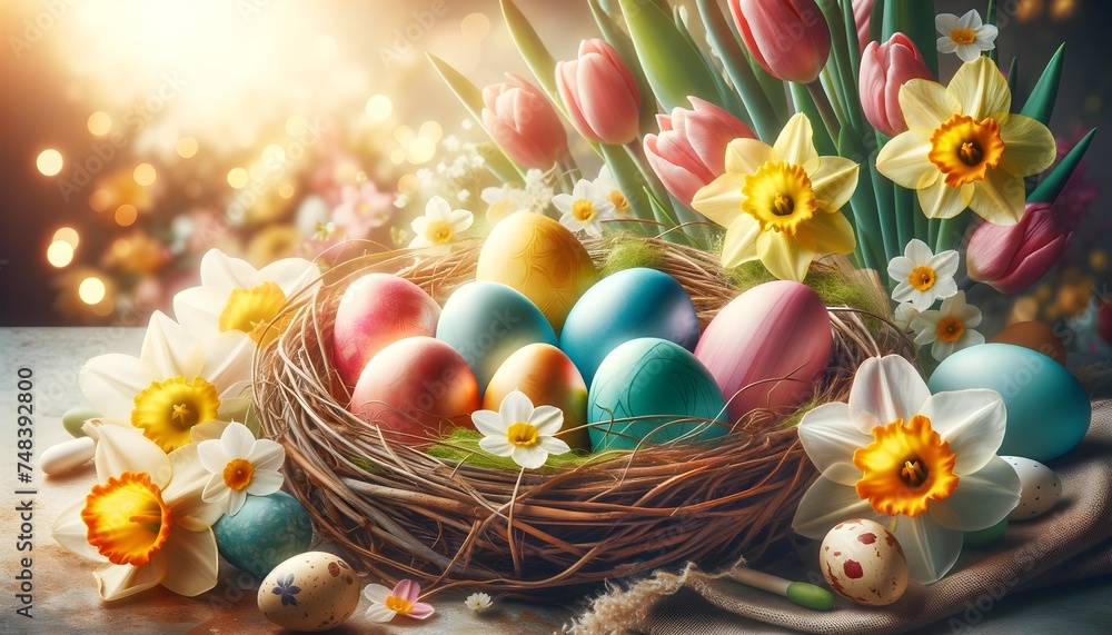 A basket filled with an assortment of vibrant and colorful easter eggs, perfect for celebrating Easter, festive and cheerful display with flowers