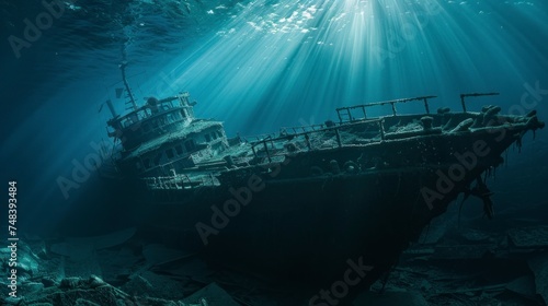 old ship sunk in the sea in the depths with good lighting with rust in high resolution and high quality photo