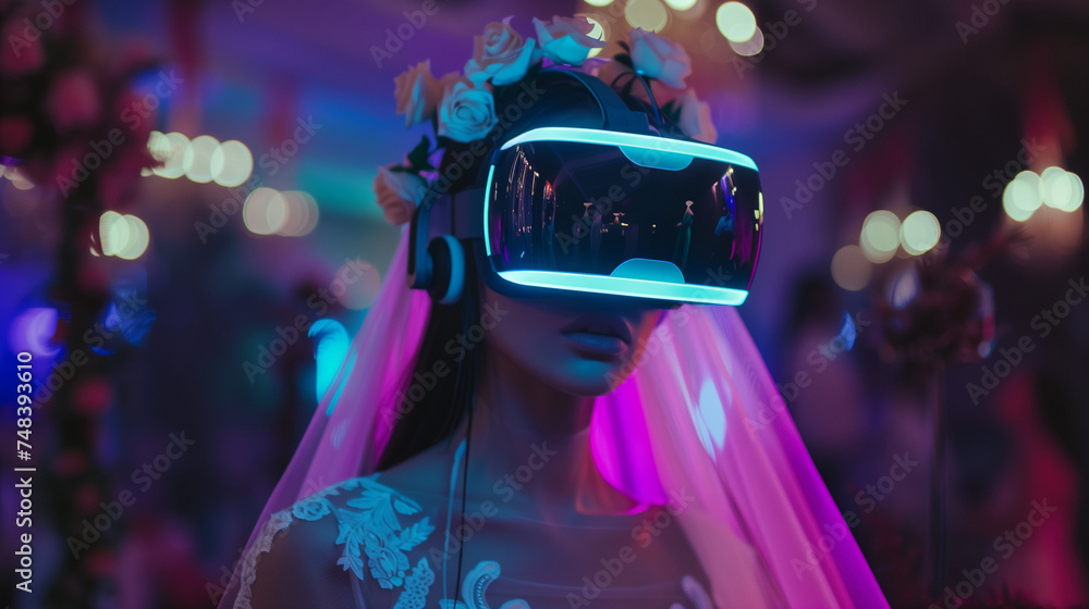 A young woman bride in a floral headpiece tries VR technology amidst vibrant evening wedding celebrations, neon light, banner A young woman bride in a floral headpiece tries VR technology amidst vibrant evening wedding celebrations, neon light, banner