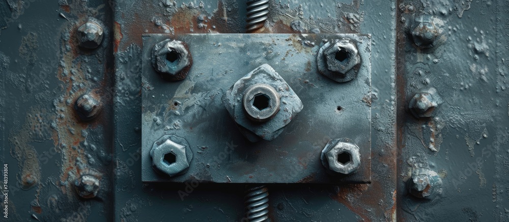 A detailed view of a metal door showing screws firmly attached to the surface. The screws are secured in place, providing stability and support to the door structure.