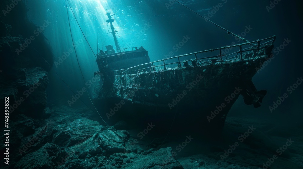 old ship sunk in the sea in the depths with good lighting old ship sunk in the sea in the depths with good lighting