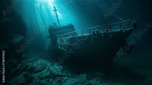 old ship sunk in the sea in the depths with good lighting © Marco