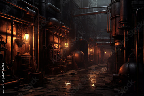 Dark Steampunk Alley with Steam and Pipes