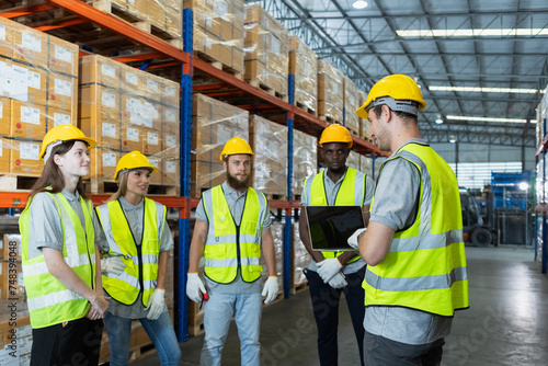 Canvas Print Full team engineering warehouse worker meeting brainstorm