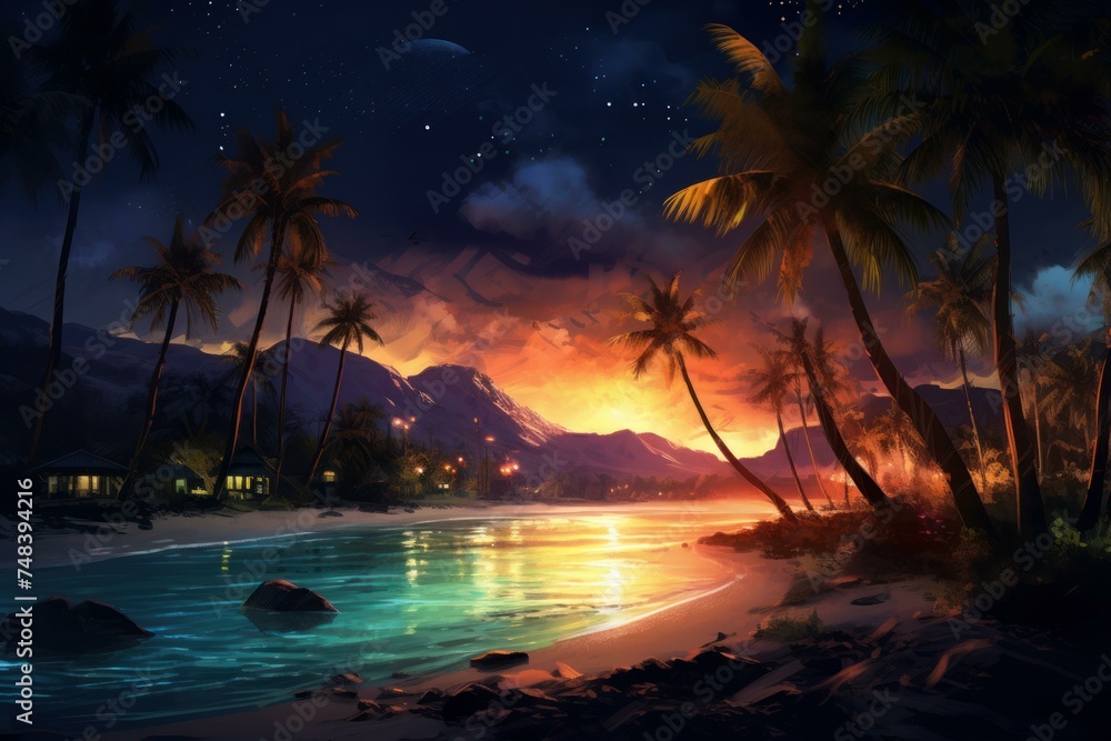 Luminous Tropic night beach moon. Sand coast. Generate Ai