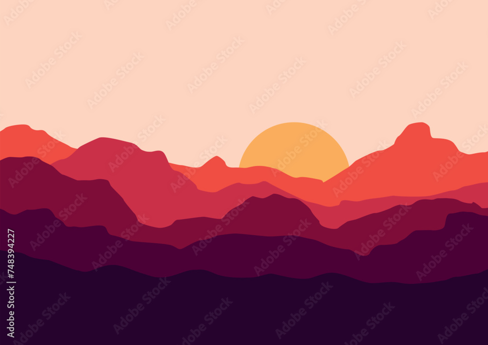 Mountains landscape in the sunset vector. Vector illustration in flat style.