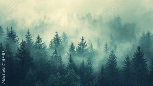 Misty landscape with fir forest in vintage retro style generative ai © Francheska