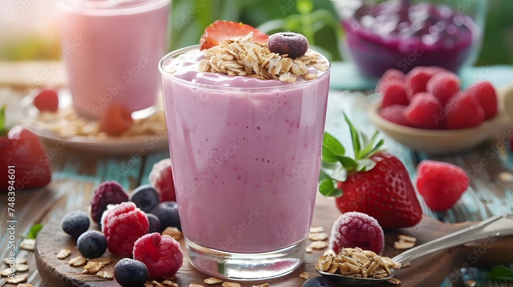 berry smoothie with oatmeal in a glass, horizontal - obrazy, fototapety, plakaty 