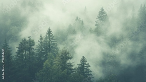 Misty landscape with fir forest in vintage retro style generative ai
