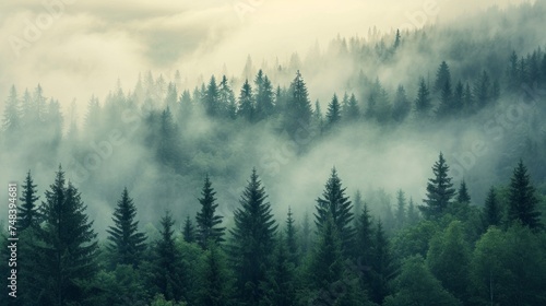 Misty landscape with fir forest in vintage retro style generative ai © Francheska