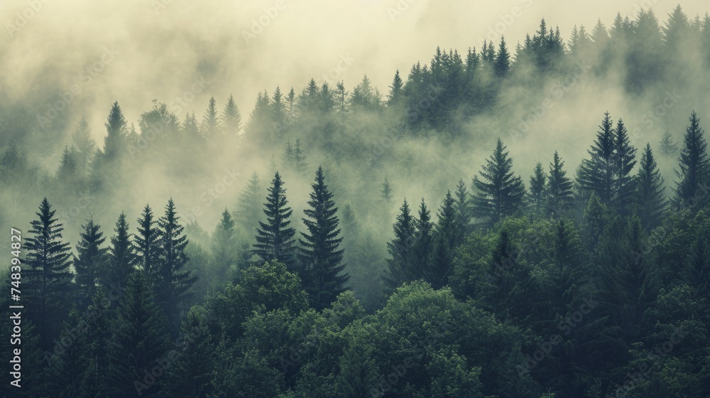 Fototapeta premium Misty landscape with fir forest in vintage retro style generative ai