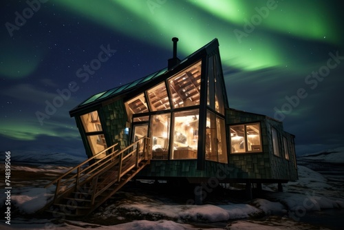 Captivating Northern lights sky wooden house glow. Magnetic dark space home. Generate Ai © juliars