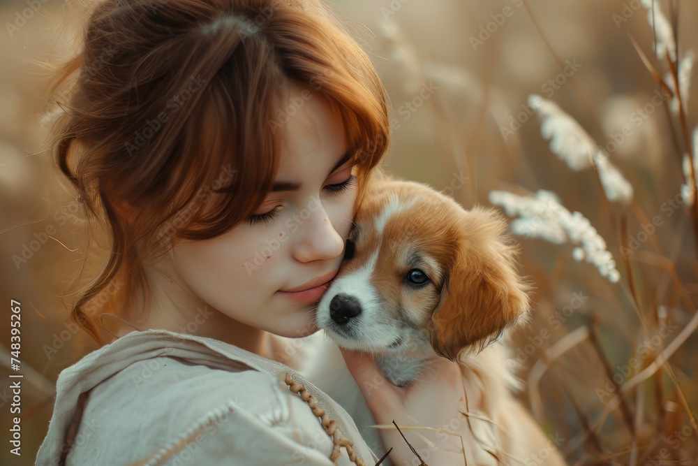 Beautiful young woman playing with a puppy. The dog plays in the park. A pet Beautiful young woman playing with a puppy. The dog plays in the park. A pet