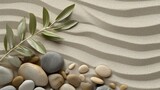 Sage Twig and Pebble Rocks on Sand - Serene Background generative ai