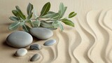 Sage Twig and Pebble Rocks on Sand - Serene Background generative ai