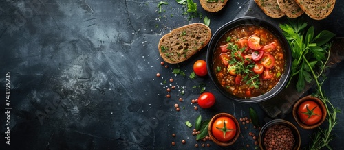 A colorful meal consisting of lentil soup, salted tomatoes, and dark bread loaves arranged in a bowl, viewed from the top on a dark surface.