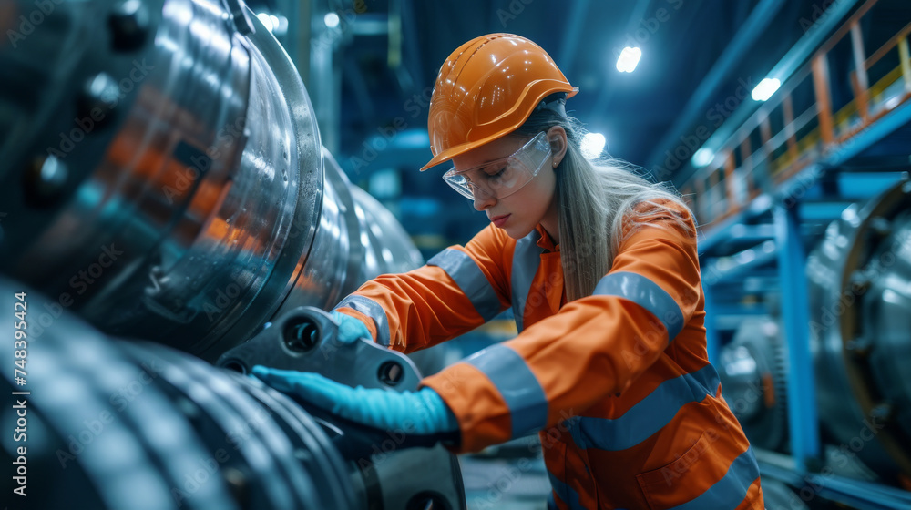 A woman in white work clothes works on metal parts in a factory A woman in white work clothes works on metal parts in a factory