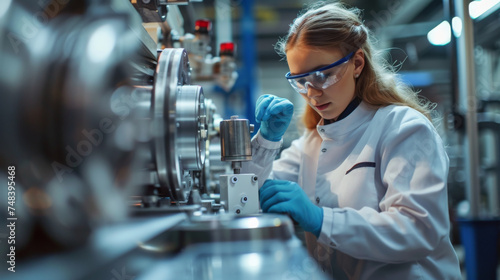 A woman in white work clothes works on metal parts in a factory