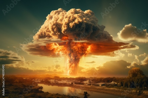 Apocalyptic Nuclear explosion dramatic scene. Danger bomb. Generate Ai