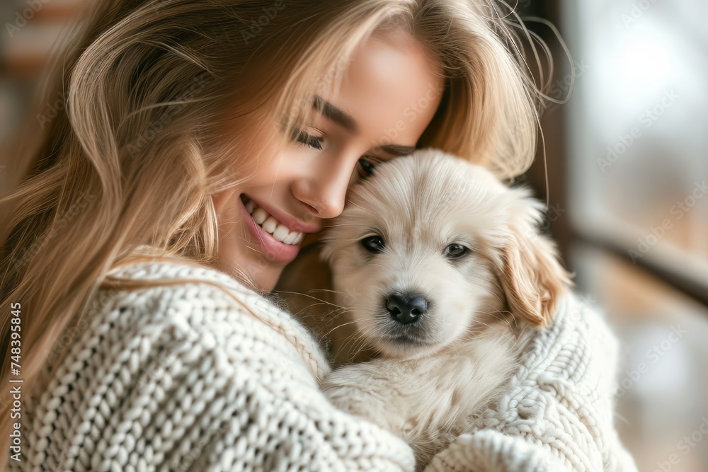 Beautiful young woman playing with a puppy. The dog plays in the park. A pet Beautiful young woman playing with a puppy. The dog plays in the park. A pet