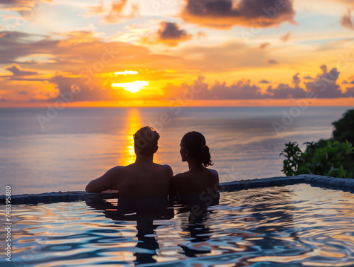 Couple cherishes luxurious vacation, gazing at breathtaking sunset from infinity pool's edge.