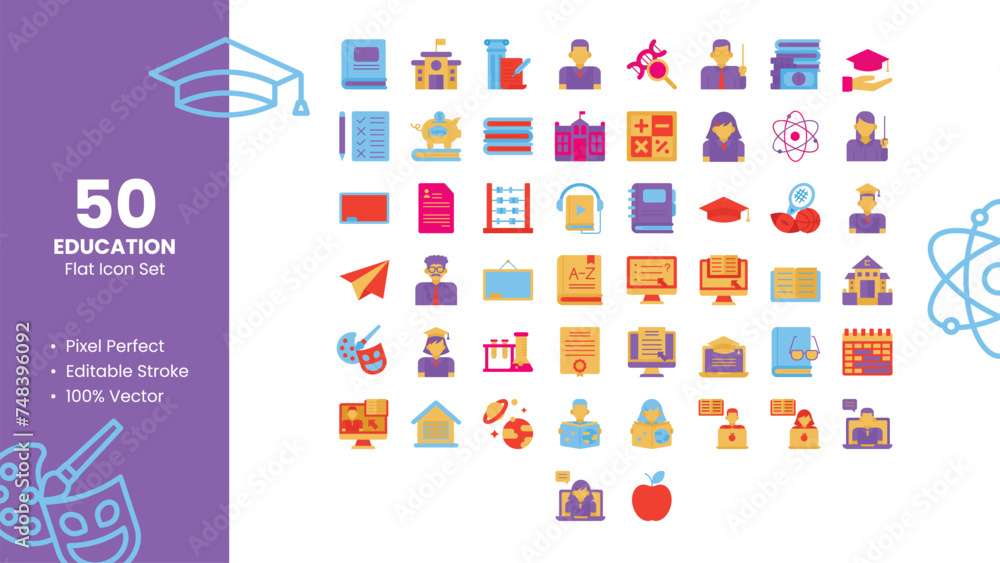 Set of 50 Flat Icons Related to Education. Pixel Perfect Icon. Flat Icon Collection. Fully Editable. Vector Illustration.
