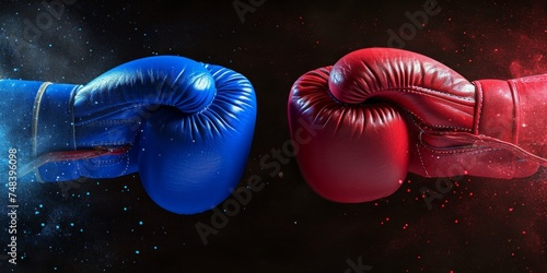 Boxing gloves in red and blue on dark background. Mixed media