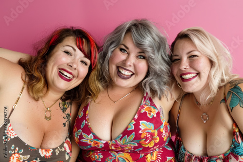 Embracing Diversity and Joy: Three Friends Celebrating Body Positivity Against a Pink Backdrop