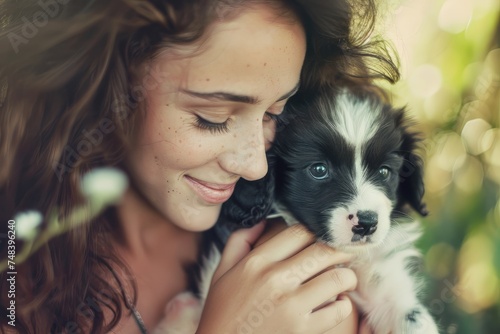 Beautiful young woman playing with a puppy. The dog plays in the park. A pet