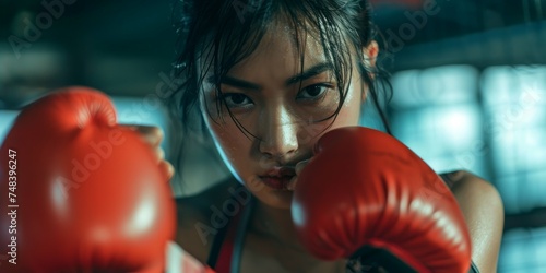 Asian boxer girl with red boxing gloves ready to fight in gym.