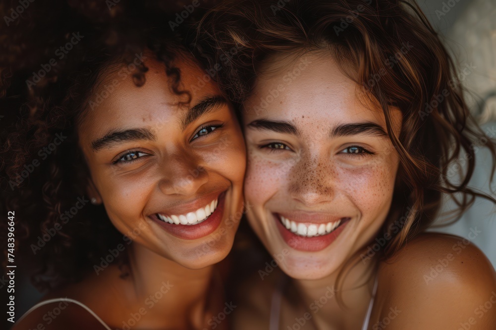 Two interracial best friends laughing and having a good time together in a studio Two interracial best friends laughing and having a good time together in a studio