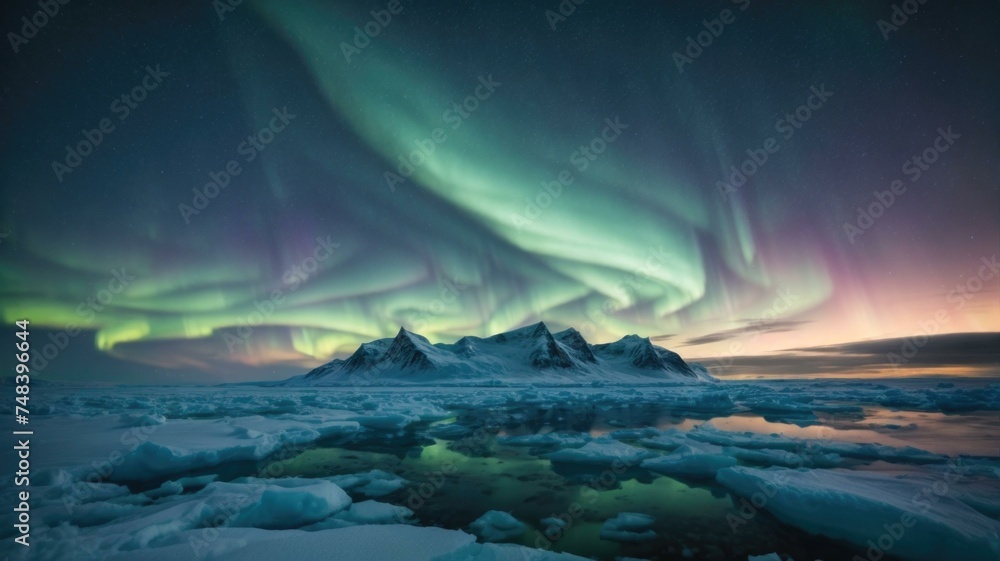 The aurora borealis over the Arctic. Generative AI.