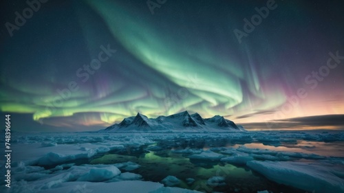 The aurora borealis over the Arctic. Generative AI. © serg3d